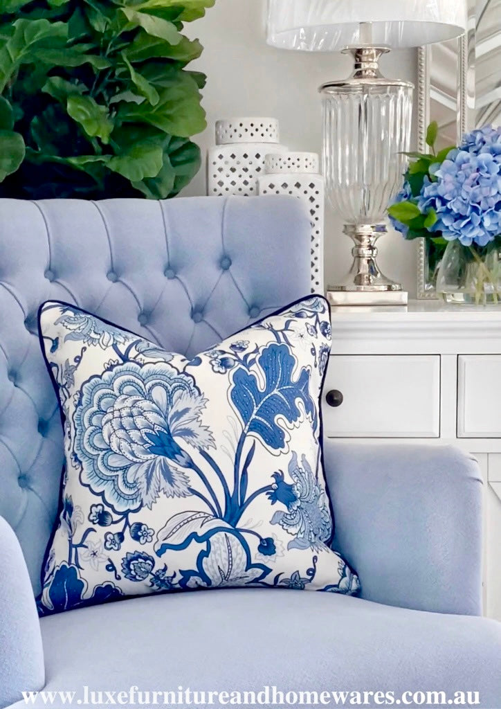 Luxury Bloom Cushion with Navy Piping 55cm x 55cm LUXE FURNITURE